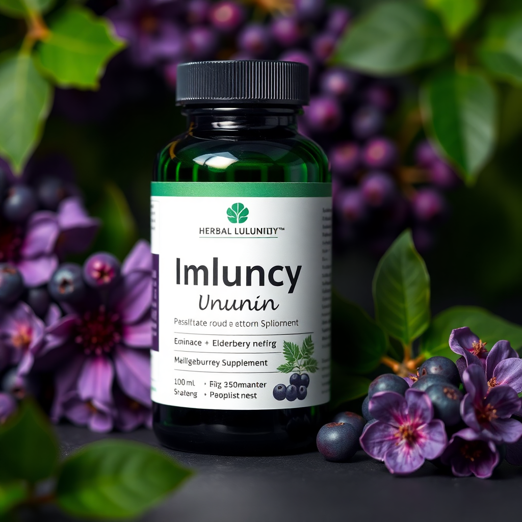 herbal immunity supplement bottle with echinacea and elderberry, green and purple colors, professional product photography