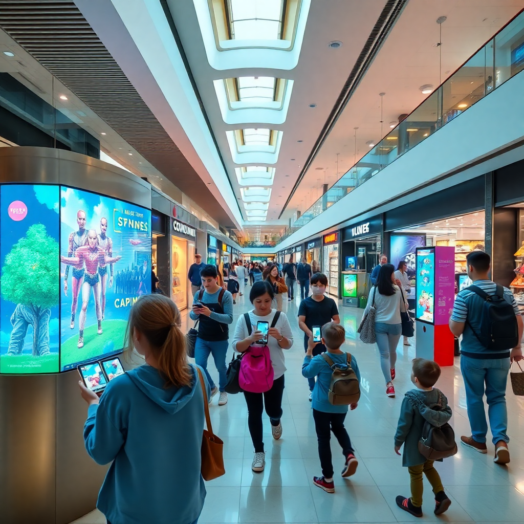 modern shopping mall interior with interactive displays, shoppers using mobile phones for gamified experiences, colorful digital kiosks, engaged families exploring stores, vibrant retail atmosphere