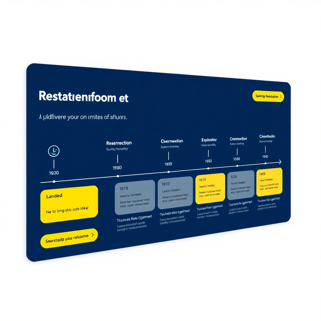 restaurant onboarding timeline interface showing progress from idea to launch in minutes, modern UI with blue and yellow accents