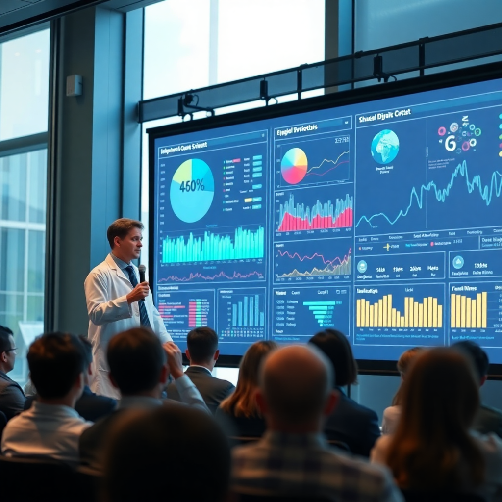 A scientist presenting data on a large screen to an engaged audience, data visualization, modern