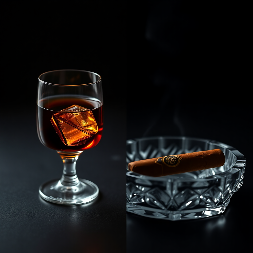 Editorial split screen layout, left side showing a poured glass of dark aged rum next to a burning premium cigar on a crystal ashtray, dark moody lighting, luxury lifestyle