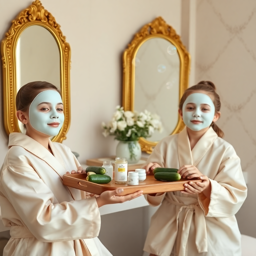 luxury spa party for kids with golden mirrors, wooden trays, cream satin robes, bio face masks, fresh cucumbers, elegant beige and dusty rose theme, floating bubbles effect