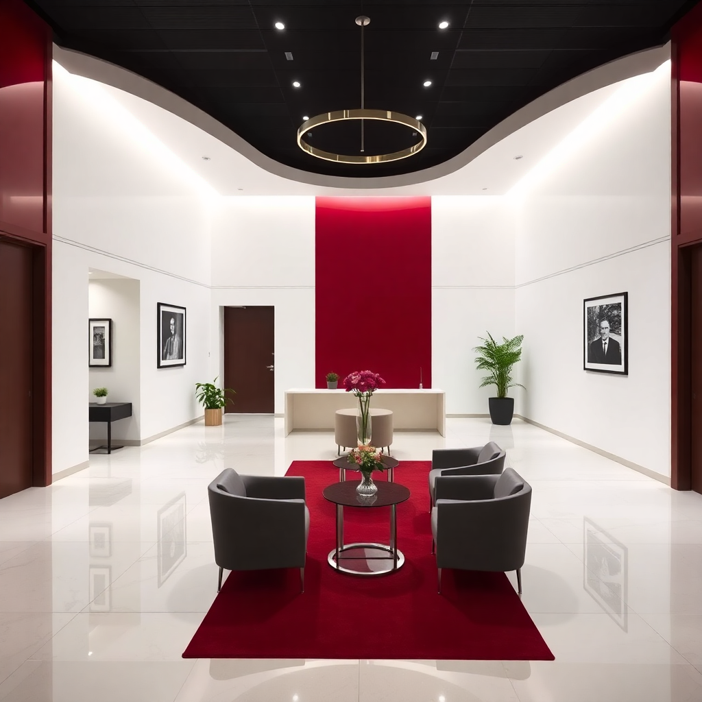 elegant law firm lobby with Harvard crimson accents, minimalist design, clean white walls