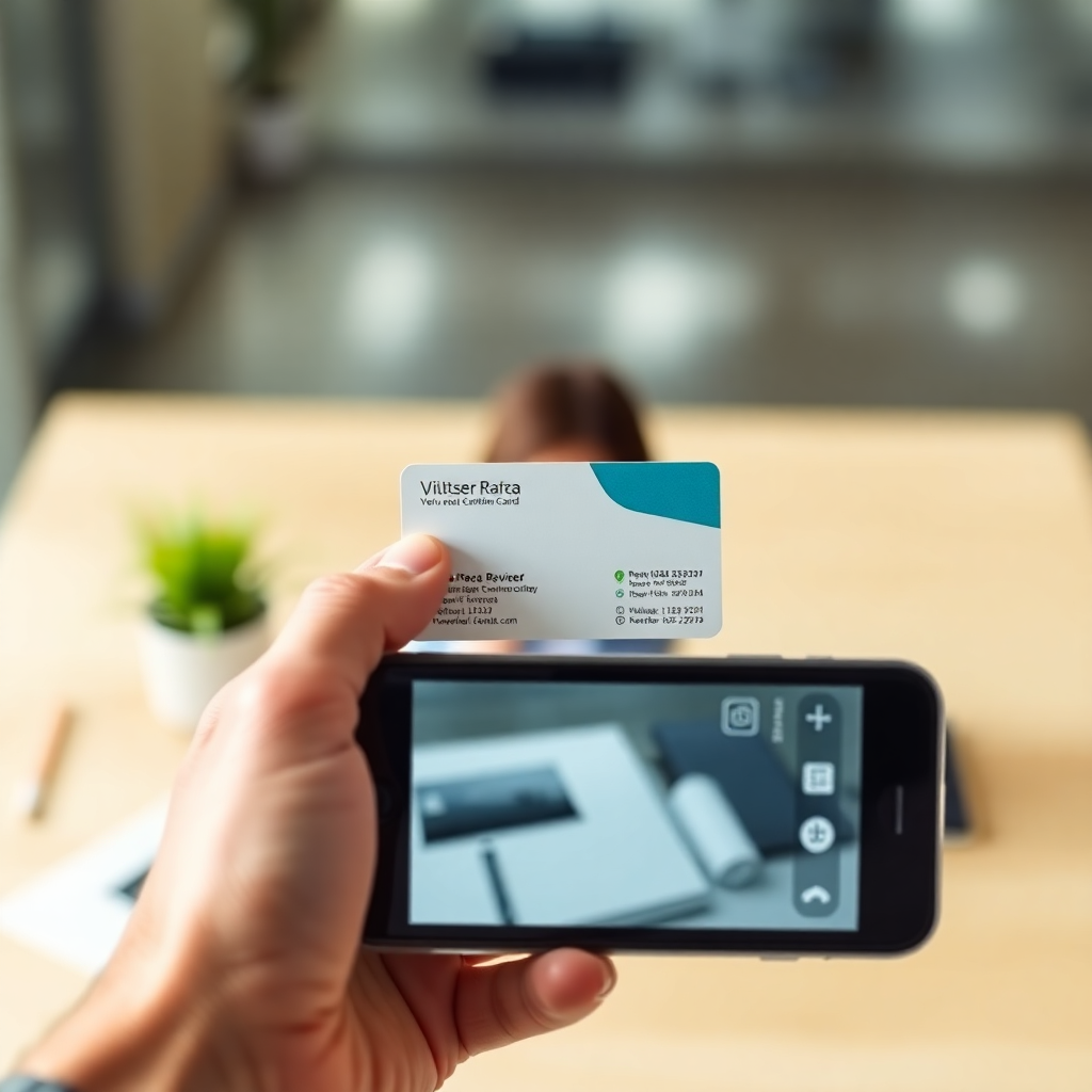 A business card held in hand over a desk, blurred background, realistic lighting, viewed from smartphone camera perspective