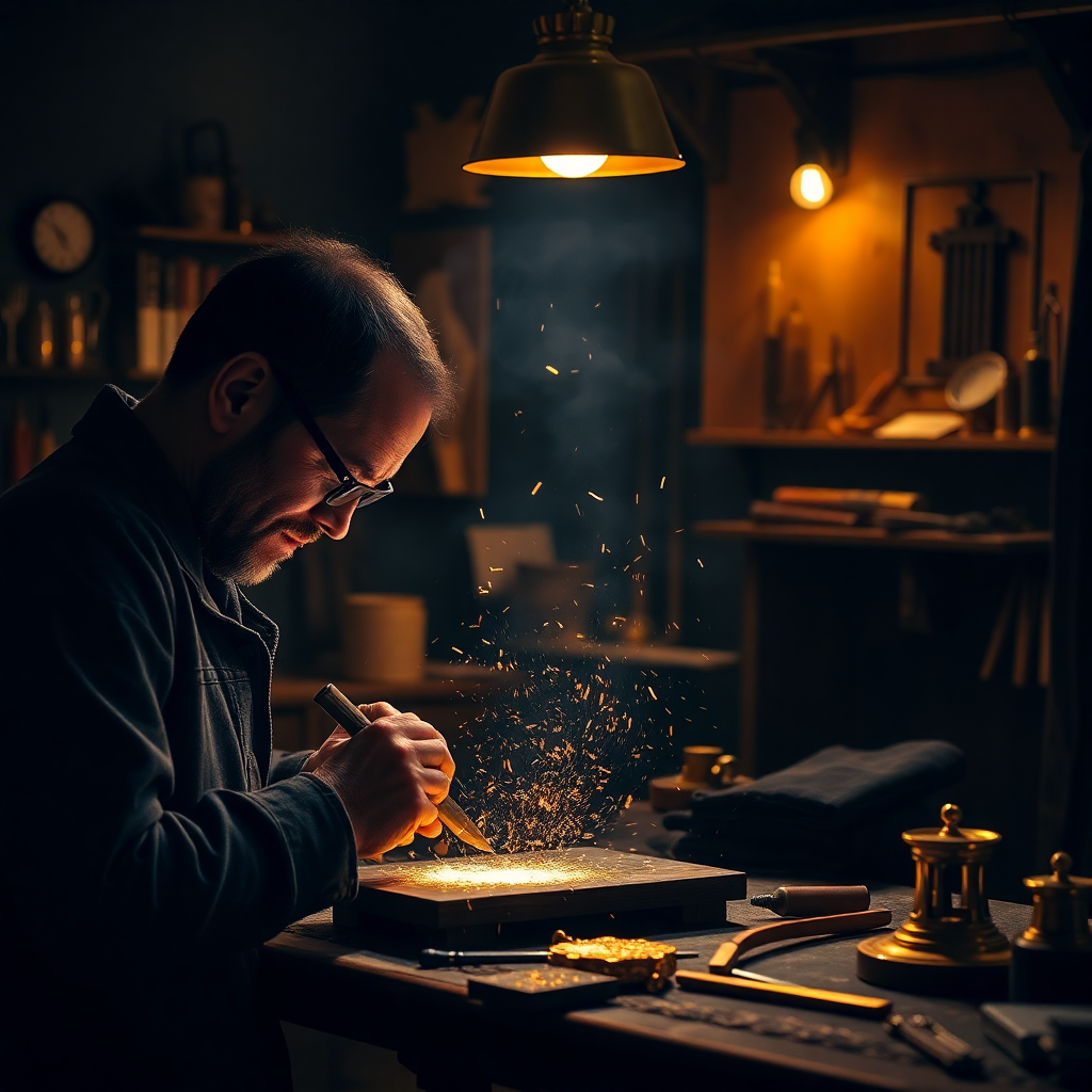 luxury gold craftsmanship workshop with artisan tools, dramatic lighting, premium aesthetic