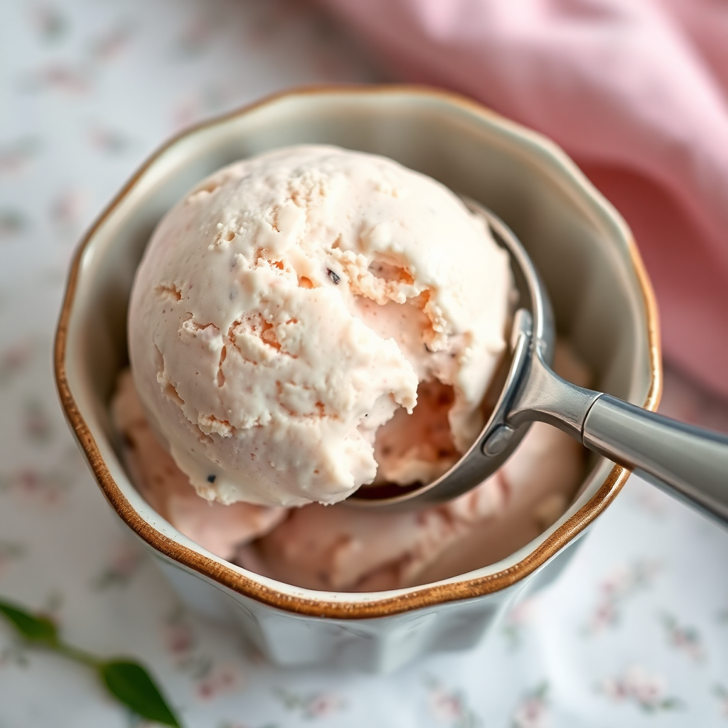 close up of premium artisan ice cream scoop in a vintage bowl, soft pastel lighting, high quality food photography