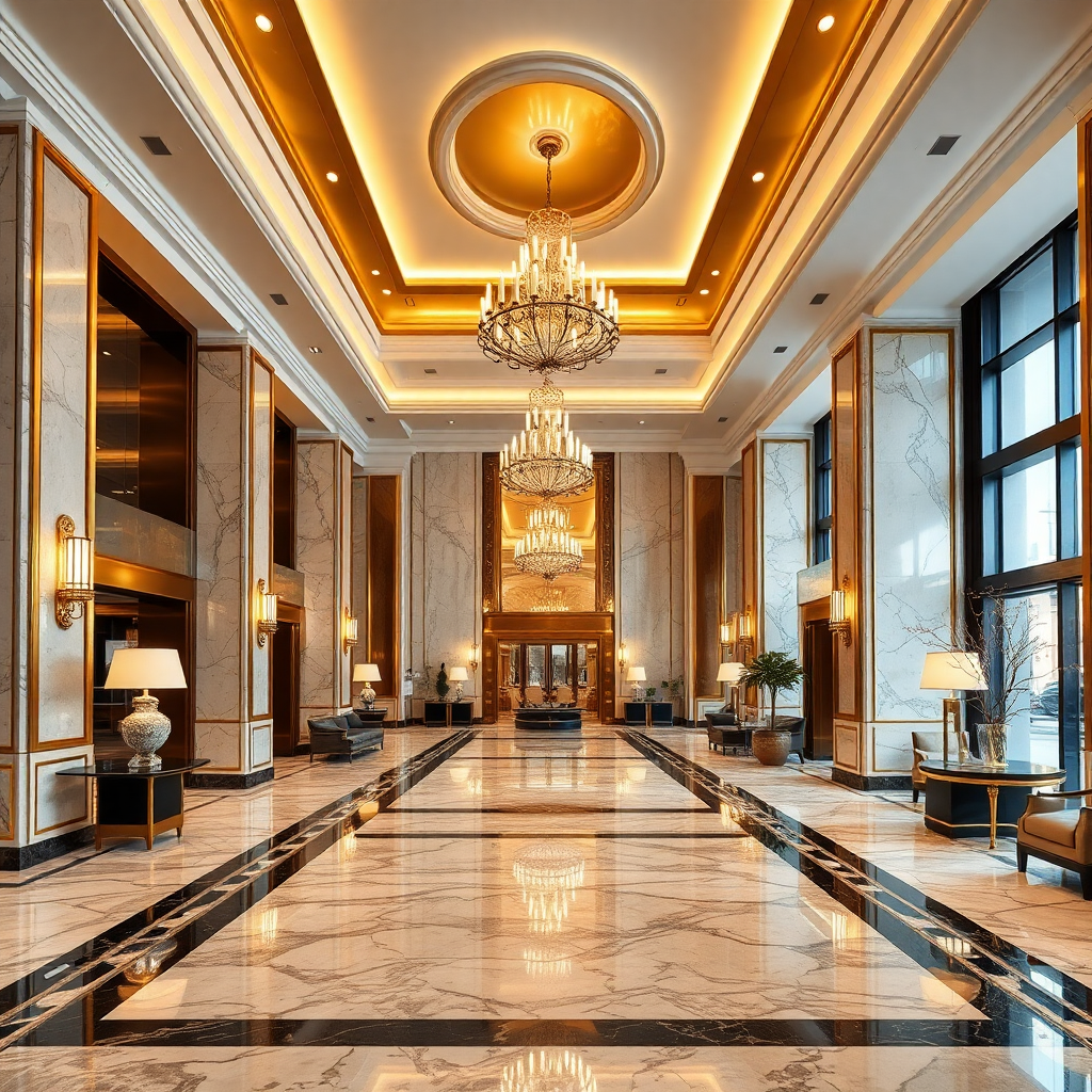 ultra luxury hotel lobby with marble floors and gold accents