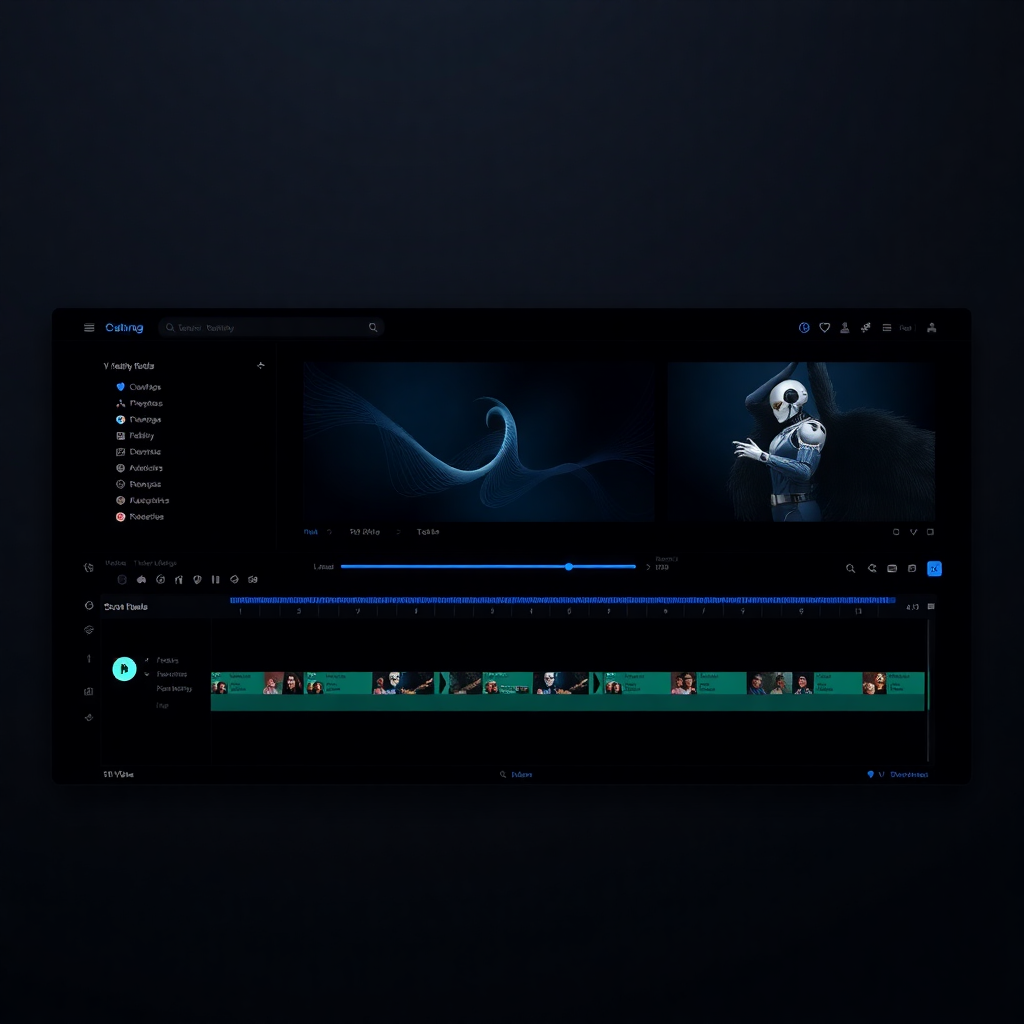 futuristic video editing software interface dark mode with timeline and chat bot assistant panel, sleek ui design