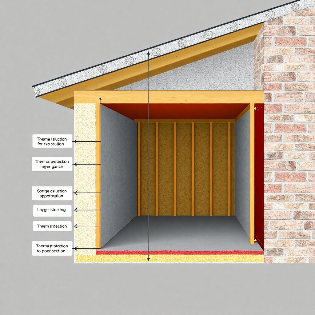 cross-section diagram showing garage insulation layers and thermal protection, technical illustration with labels, professional construction detail