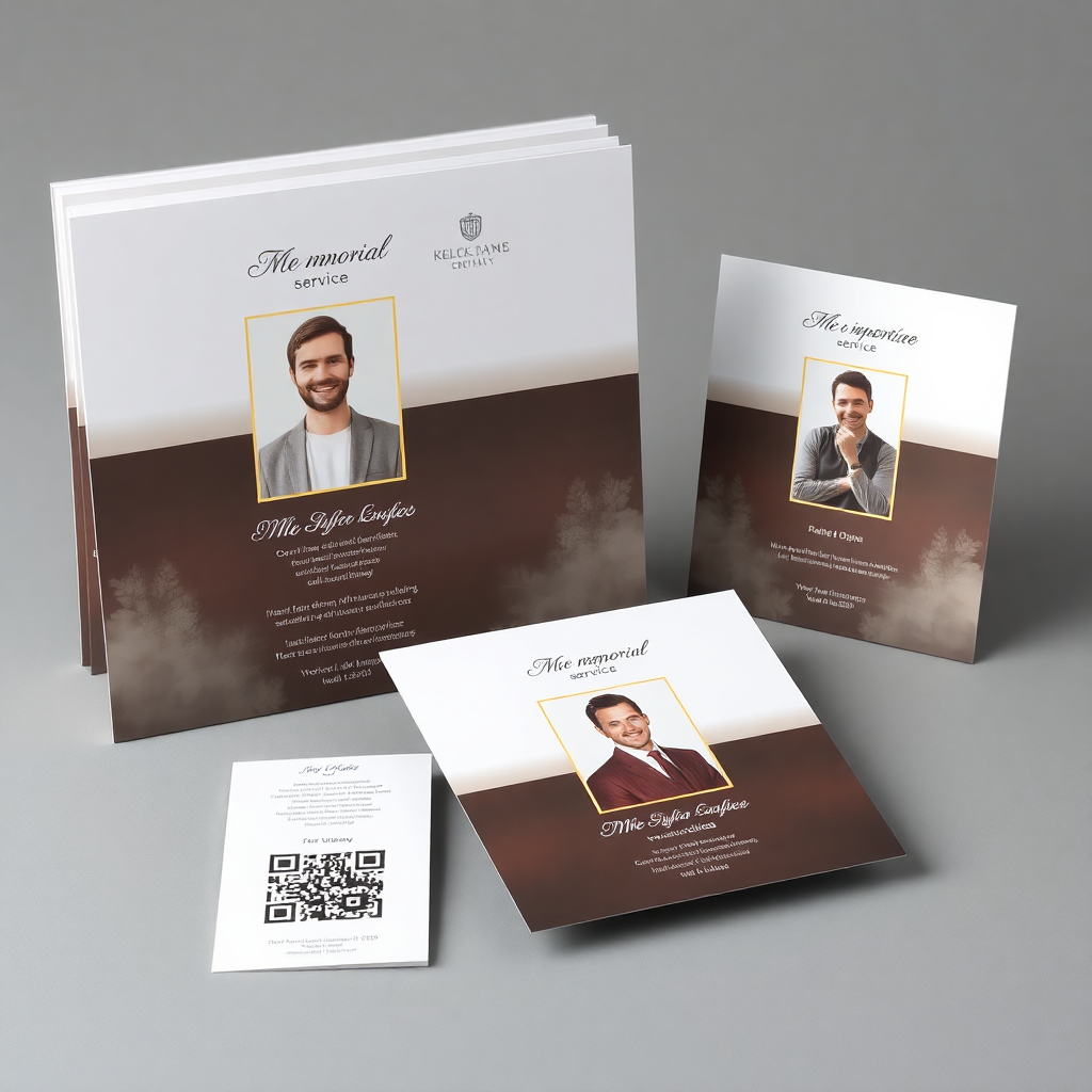 memorial service package with printed materials and QR code, elegant design, emotional product