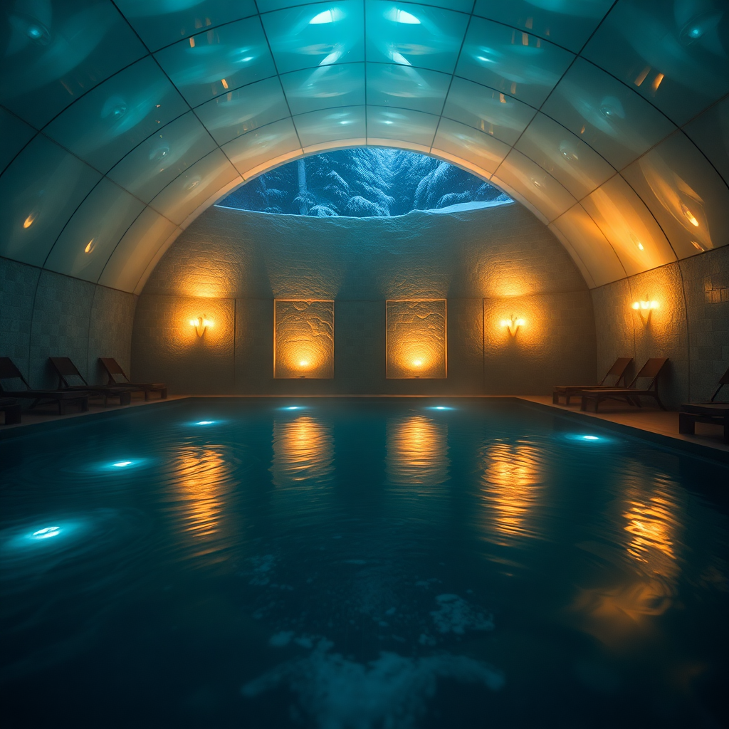 Caldea Andorra thermal lagoon interior steam water warm light glass architecture luxury spa editorial photography dark cinematic champagne tones mountain wellness