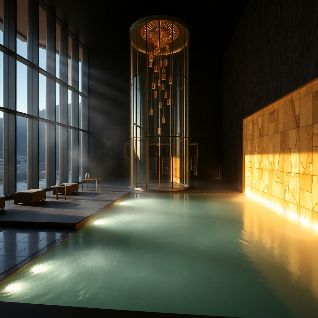 Caldea Andorra thermal lagoon steam iconic glass tower interior luxury wellness editorial photography dark cinematic champagne gold