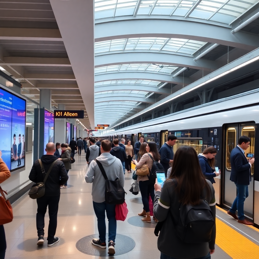modern train station with passengers using smartphones