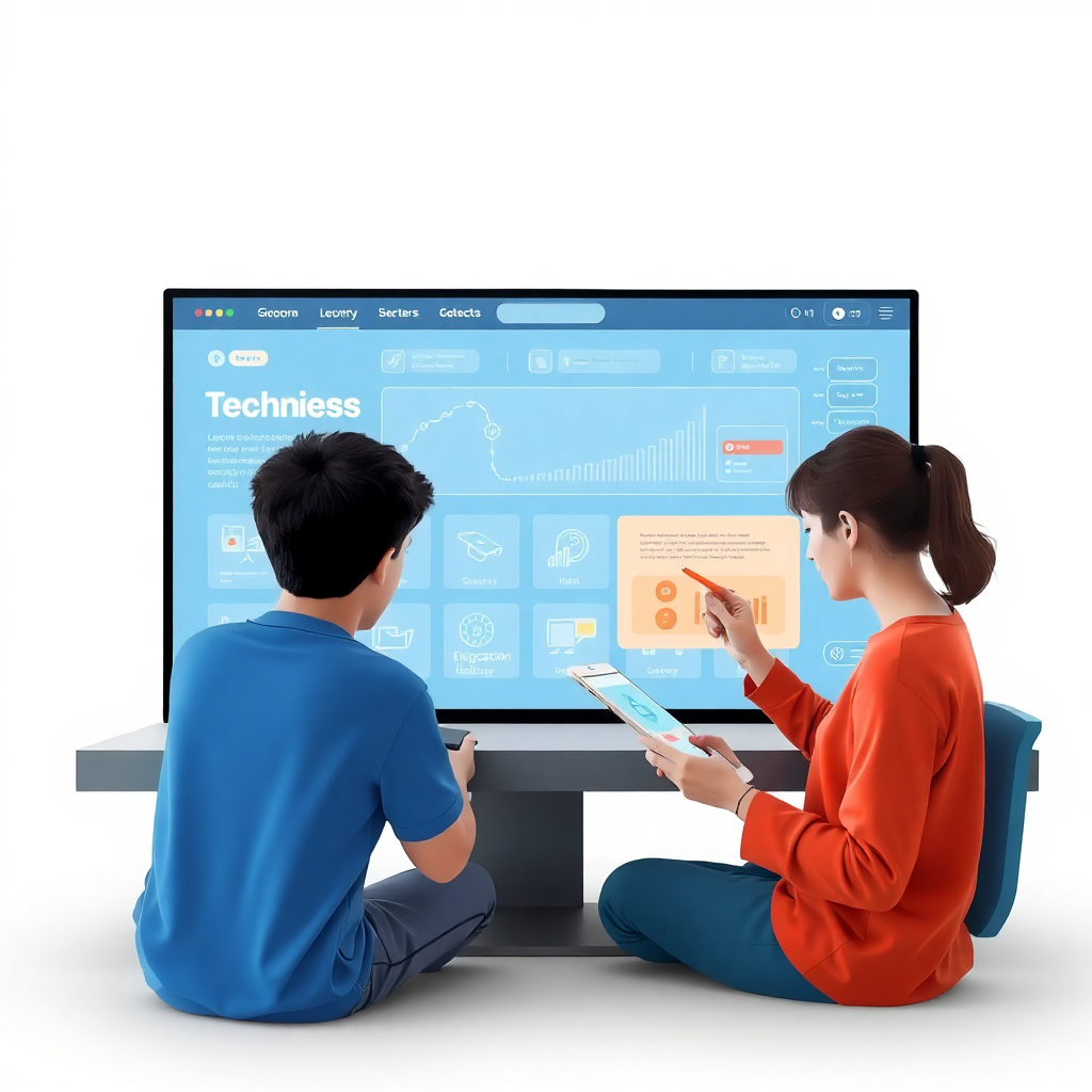 Modern education technology platform, e-learning interface, students using digital tools, clean minimal style