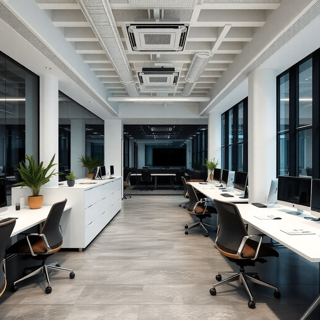 modern office interior with concrete effect tiles, professional workspace, minimalist design