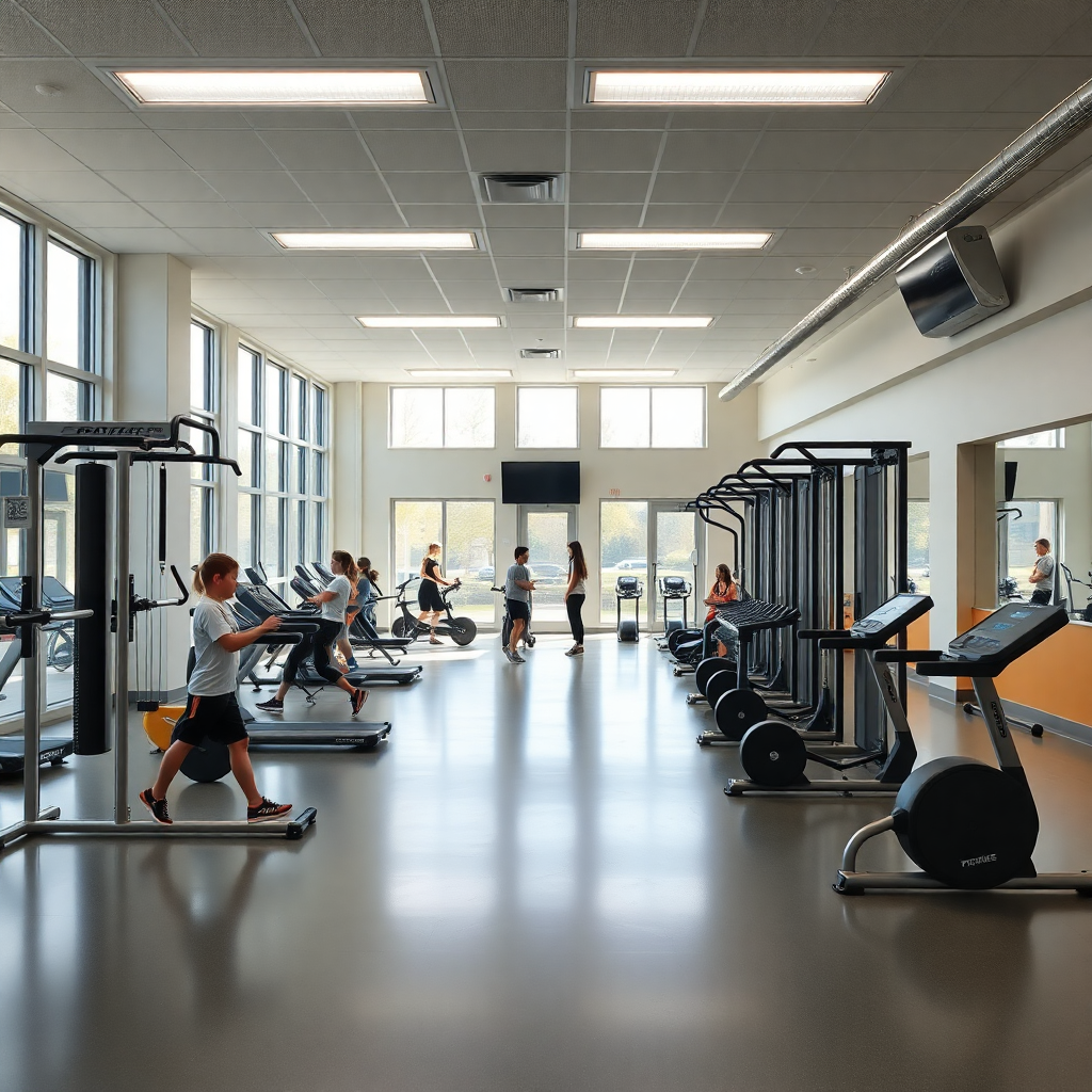 modern school fitness center with exercise equipment, students working out, bright and spacious