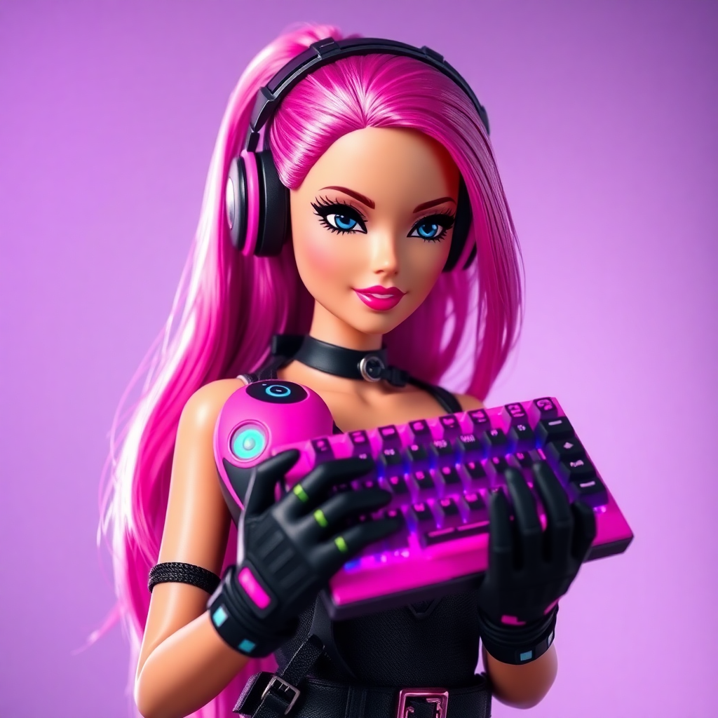 barbie holding pink gaming mouse and keyboard with RGB lights, tactical gloves, cyberpunk aesthetic