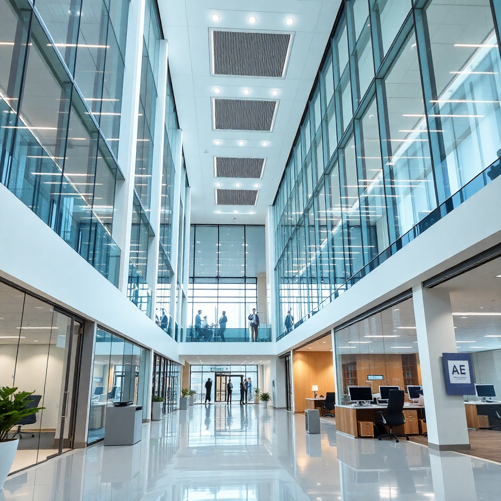 modern office building interior with clean professional environment, bright lighting, business setting, contemporary architecture