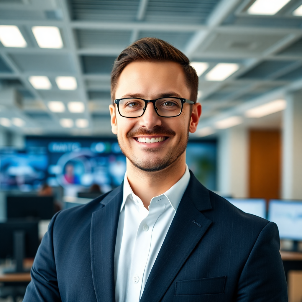 professional headshot of confident male CEO in modern office, business casual attire, medical technology background