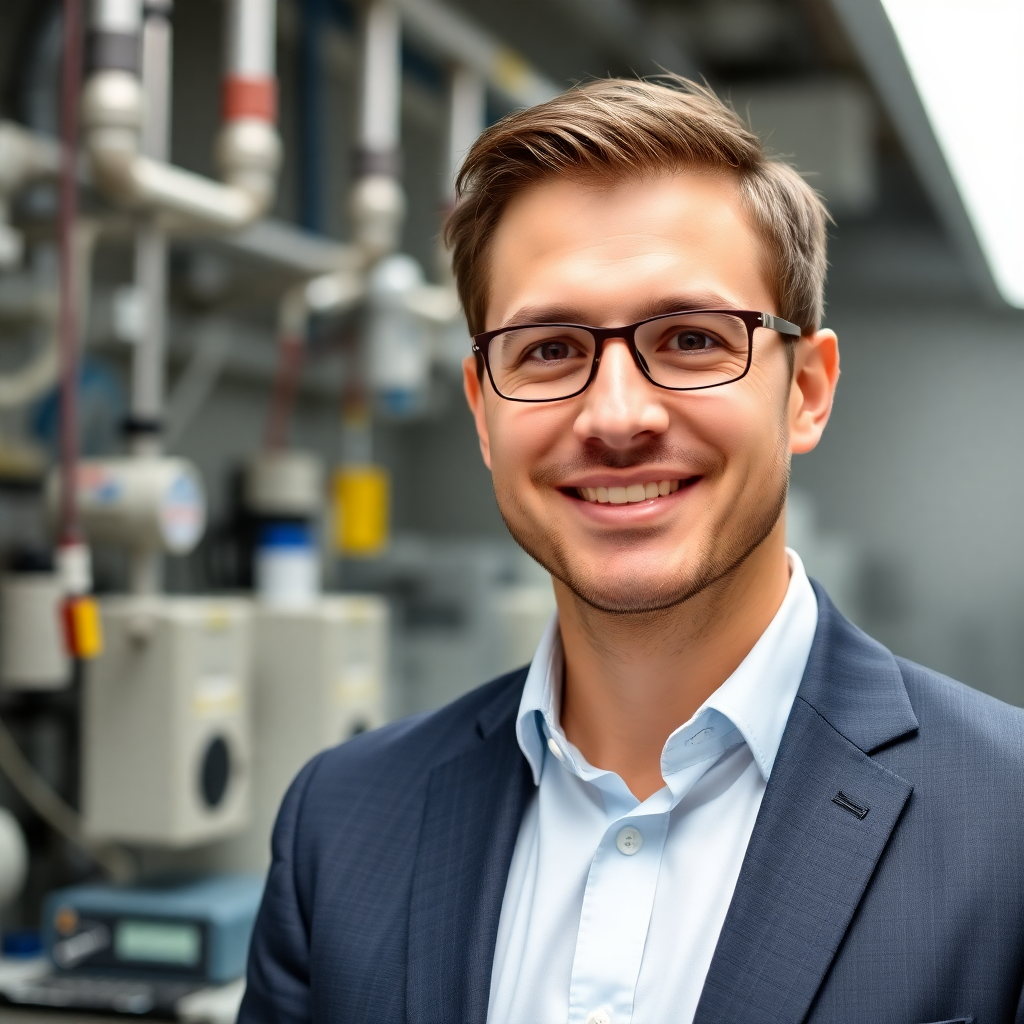 professional headshot of confident male quality advisor in medical device facility, business casual attire