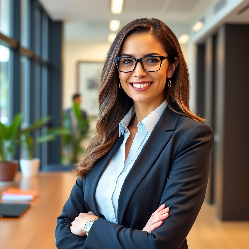 professional headshot of confident female regulatory expert in modern medical office, business professional attire