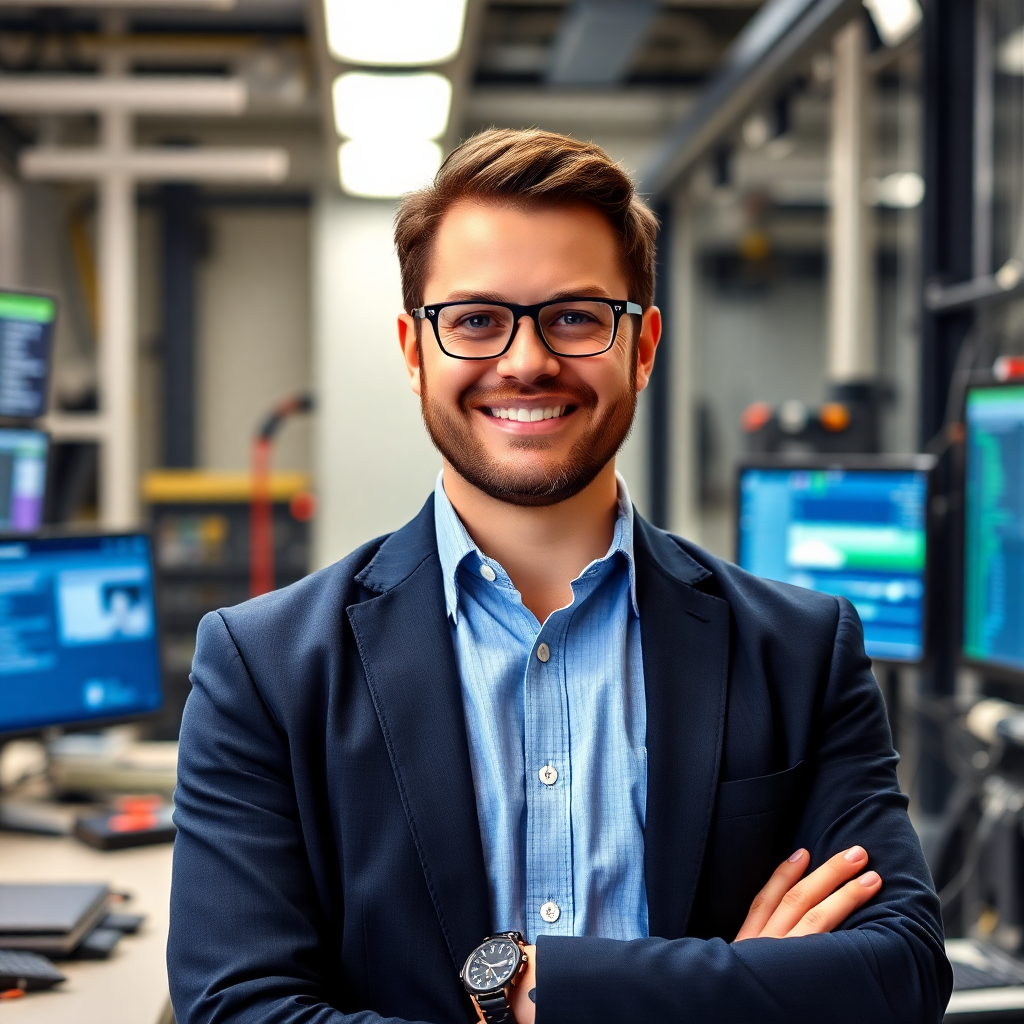 professional headshot of confident male CTO in tech environment, business casual, engineering background