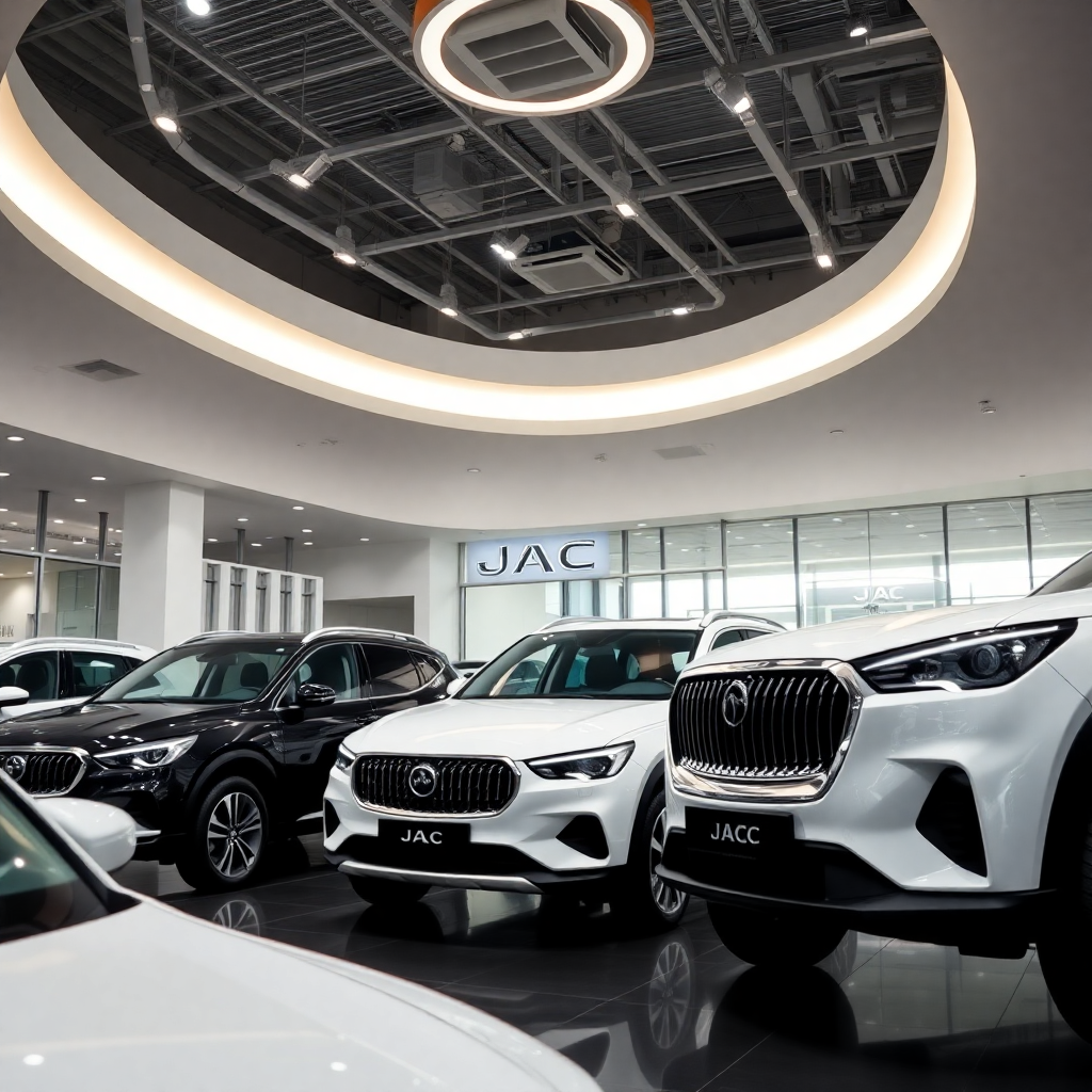 modern JAC car dealership showroom interior with luxury lighting and multiple cars on display, professional architectural photography
