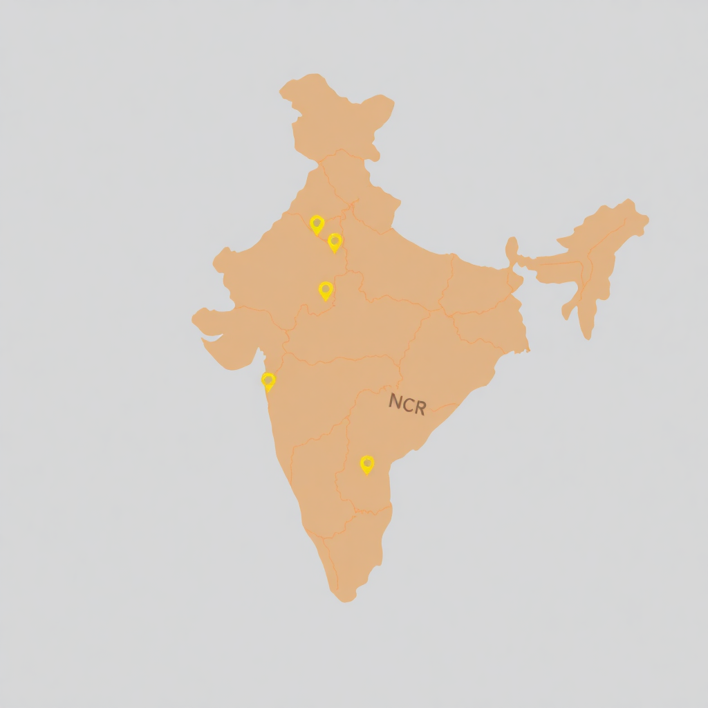 modern India map vector illustration showing Delhi NCR region highlighted with glowing markers clean minimal design blue orange accent