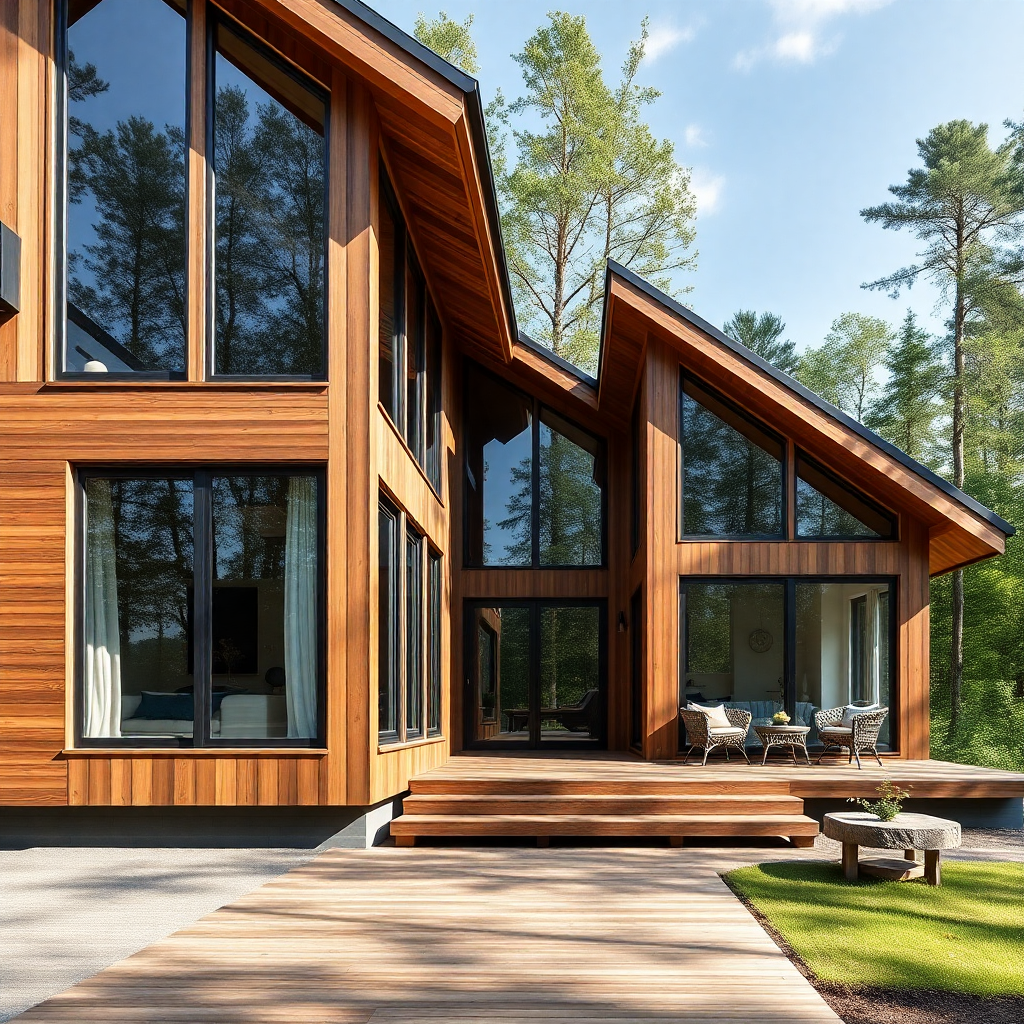 contemporary wooden house with large windows, sustainable architecture, natural materials, professional photography