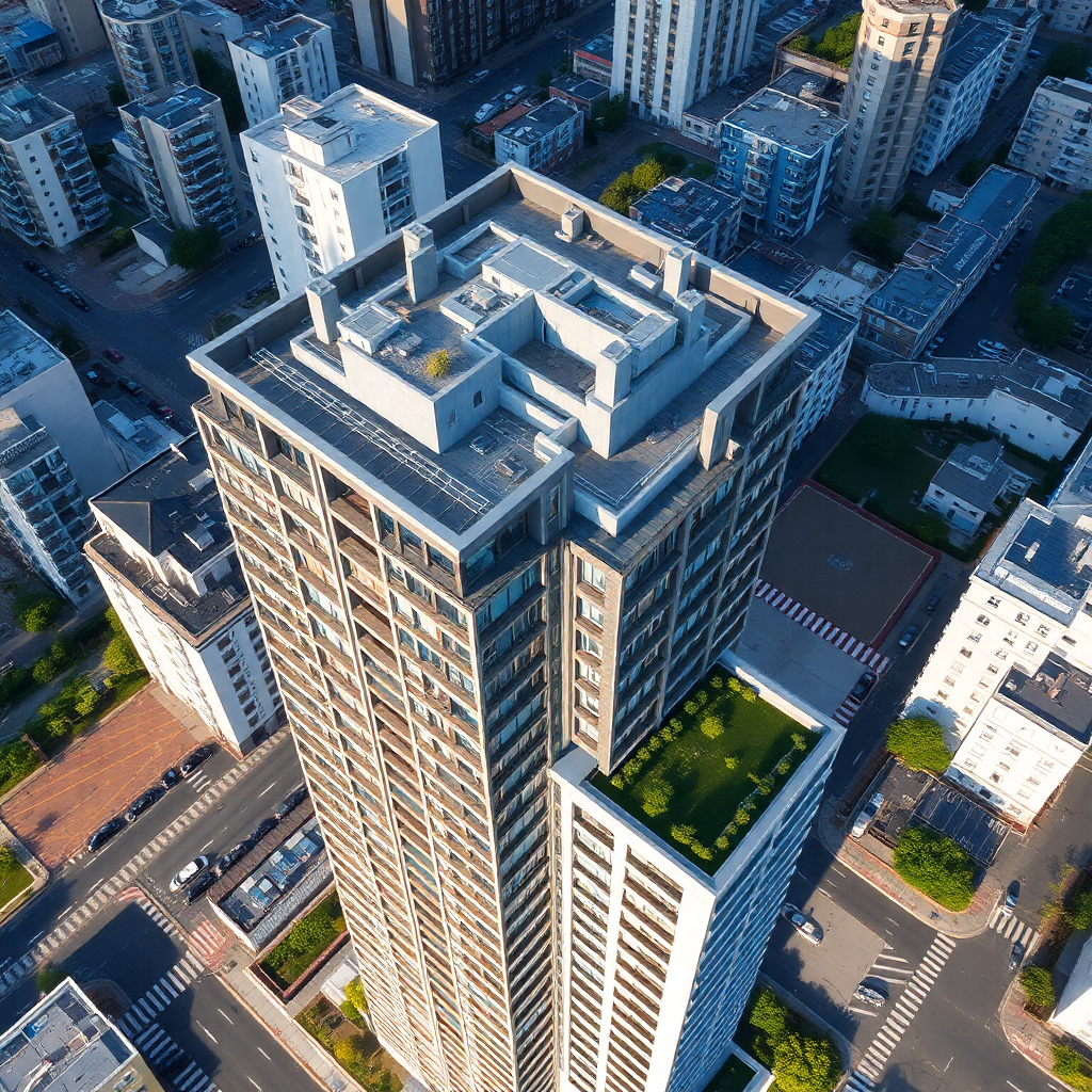 modern residential apartment building exterior, urban cityscape, aerial view from above, contemporary architecture, natural daylight