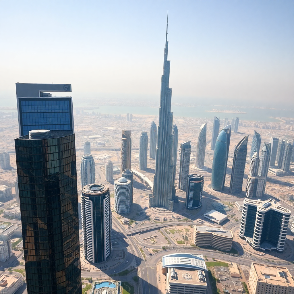 Dubai skyline with modern office towers, business growth concept, aerial view