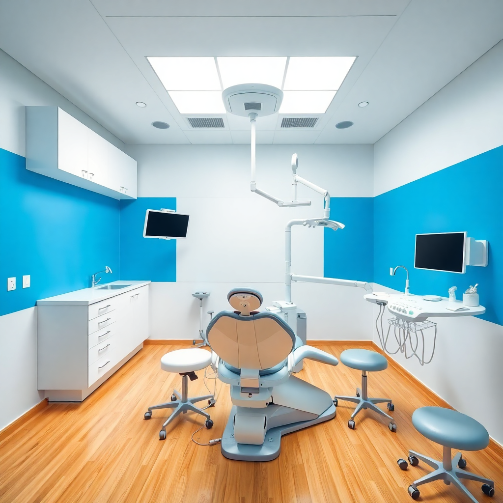 modern dental clinic interior with bright lighting, dental chair, professional medical equipment, clean white and blue color scheme