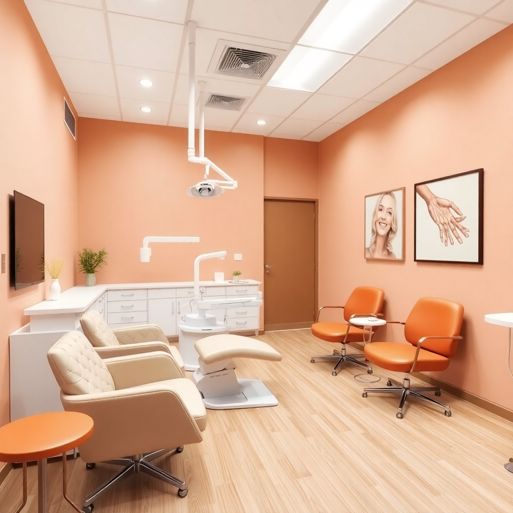 modern dental clinic interior with warm beige and salmon tones, clean and inviting waiting area with comfortable chairs