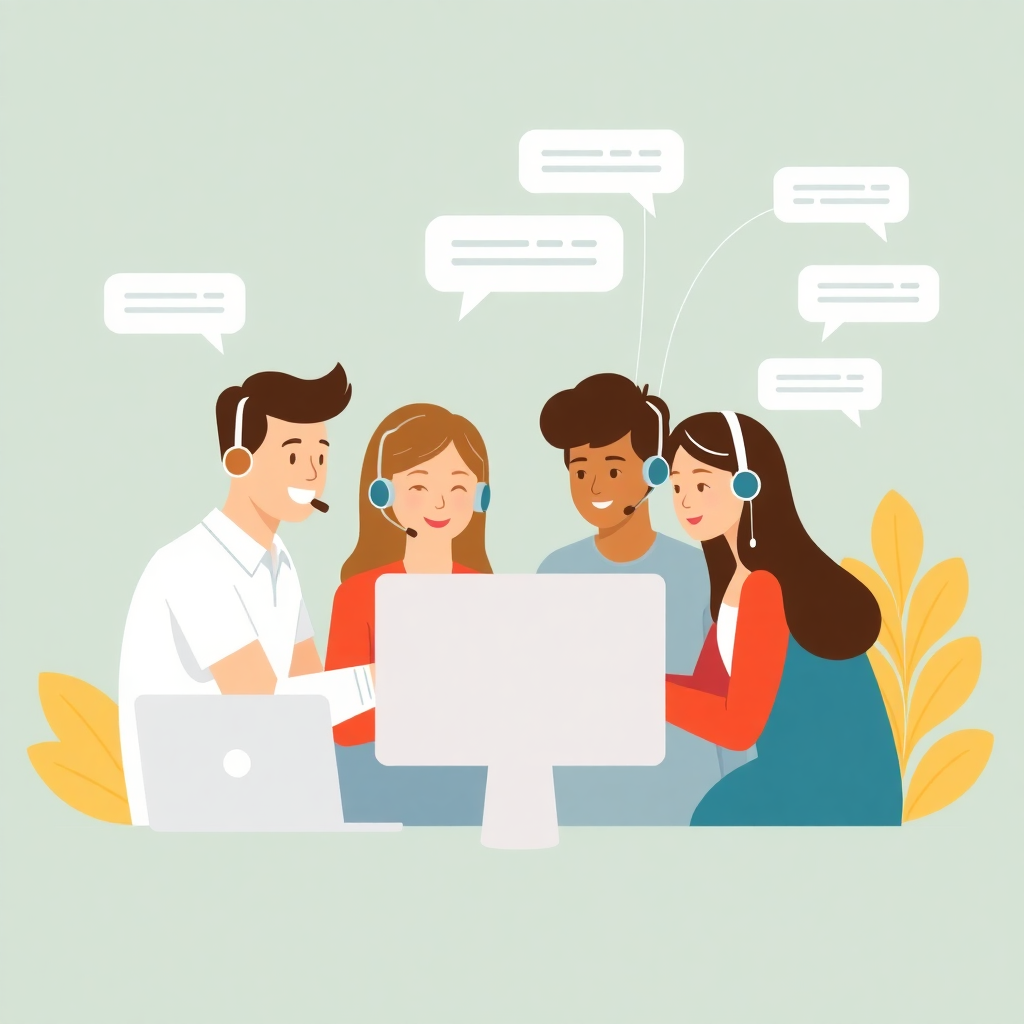 Illustration of a friendly and diverse customer support team collaborating around a computer, with chat bubbles and connection lines, minimalist flat vector style