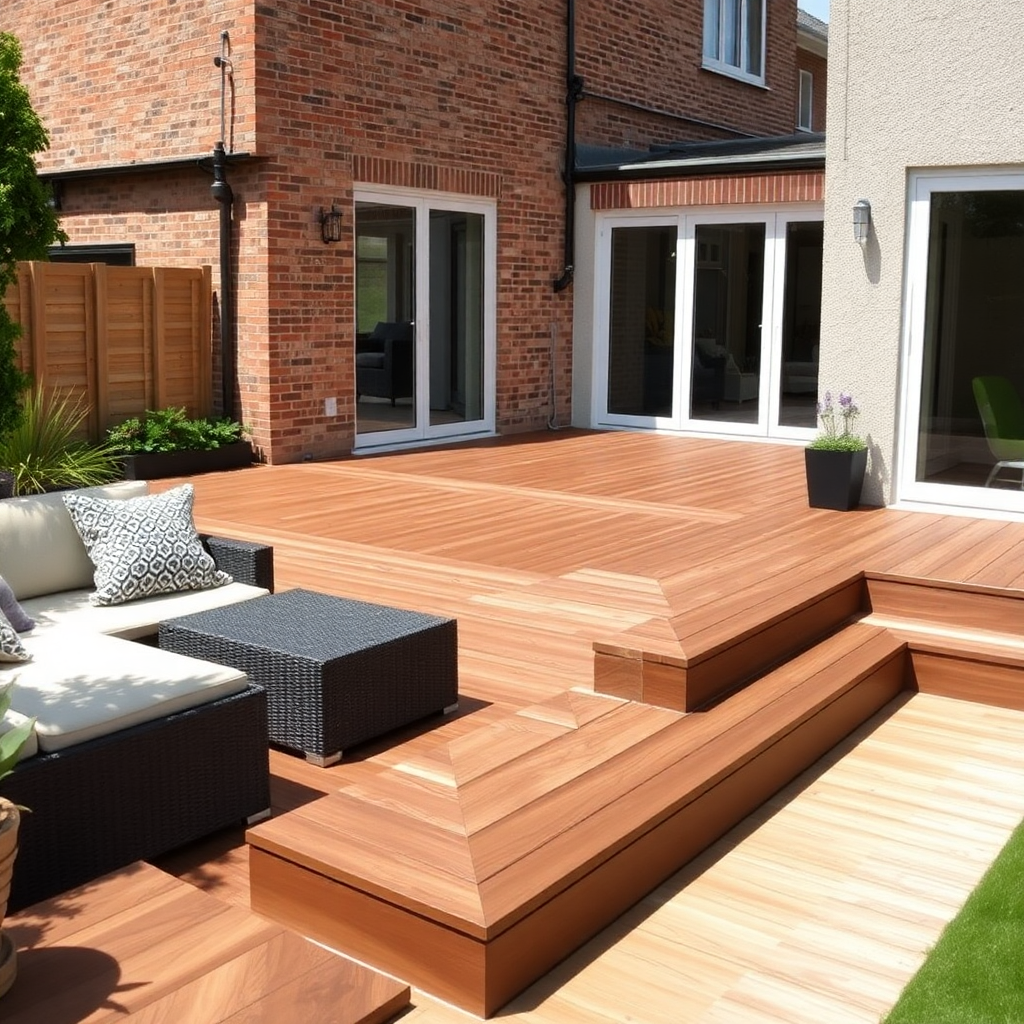Luxury timber decking installation in a garden, sunny day