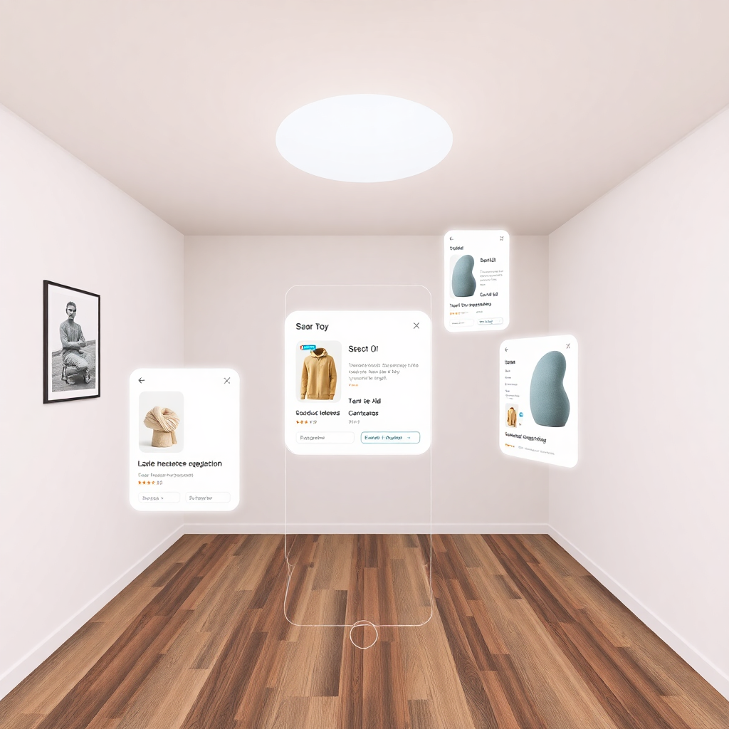 UI mockup of AR discovery feature, scanning room, floating soft UI cards with product information