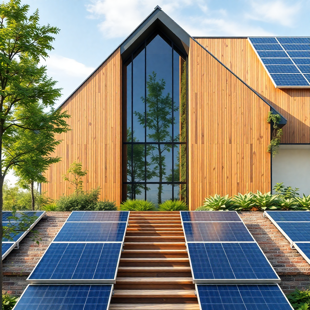 sustainable green building design with solar panels and modern architecture, eco-friendly construction