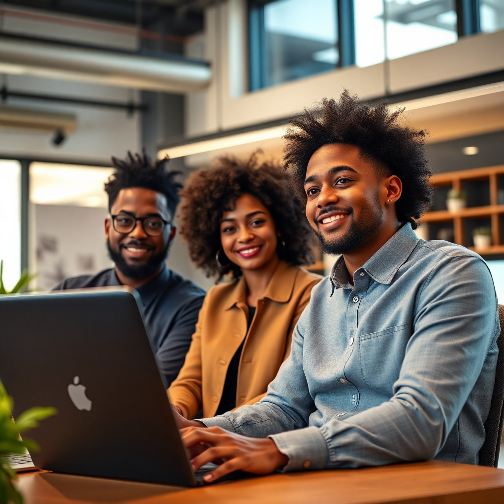 modern tech startup office with African American entrepreneurs, warm lighting, professional photography