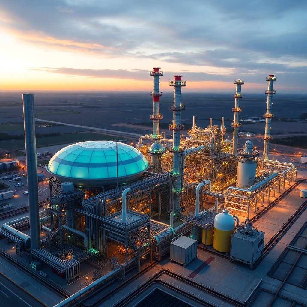 modern oil refinery with green hydrogen production facility, industrial petrochemical complex with renewable energy infrastructure, clean energy transition