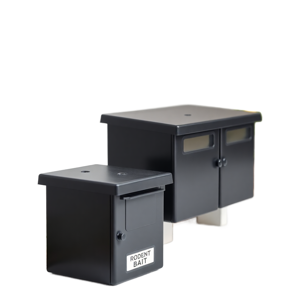 professional rodent bait boxes black plastic stations product shot without background