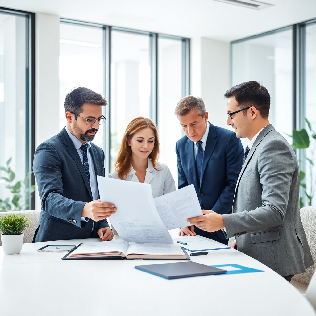 professional compliance team reviewing regulatory documents in modern bright office, medical device quality assurance professionals collaborating, clean bright workspace, natural lighting, professional corporate photography