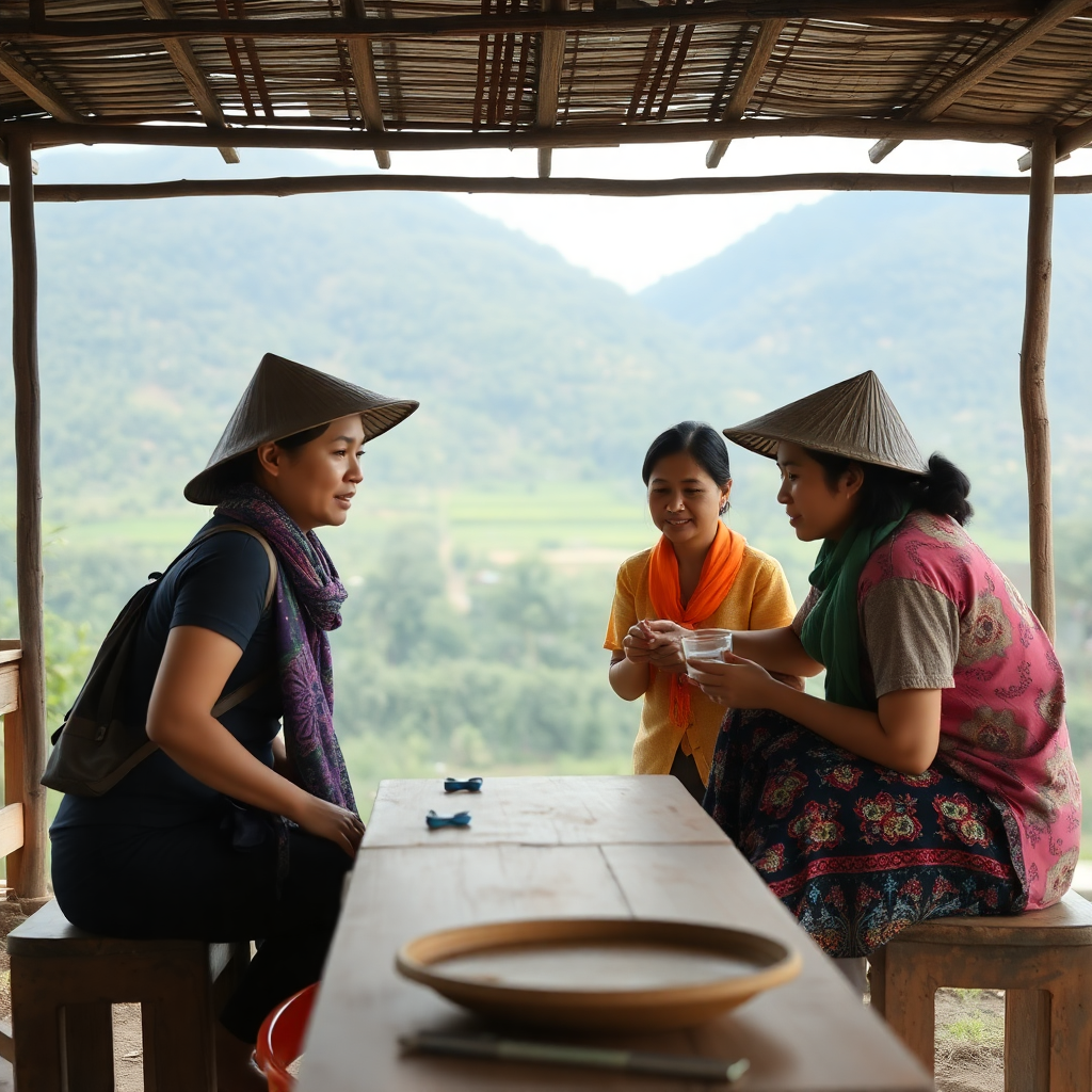 community-based tourism initiative in rural vietnam with locals and tourists interacting, minimal clean photography