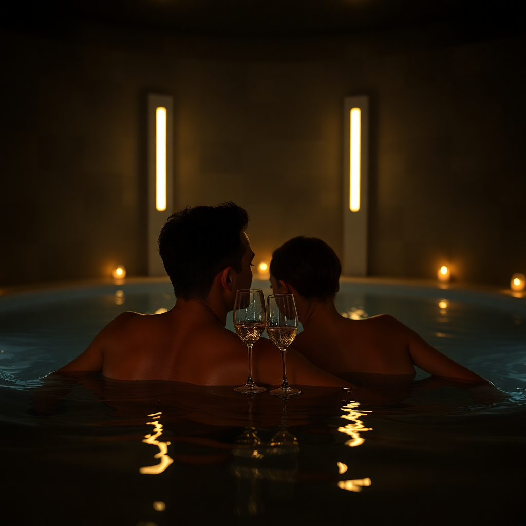 adults couple thermal spa Inuu Caldea Andorra luxury wellness evening dark cinematic editorial photography champagne gold tones intimate atmosphere