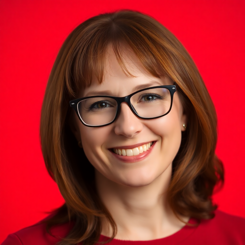 Headshot of Kim Scott, a smiling woman with glasses and reddish-brown hair, wearing a red top against a warm red studio background.