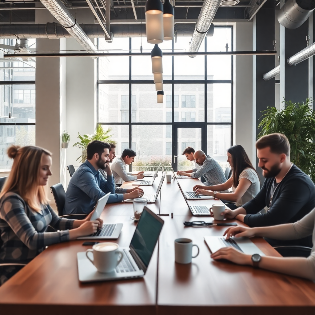 modern coworking space with people working on laptops, coffee cups, bright natural lighting, professional atmosphere