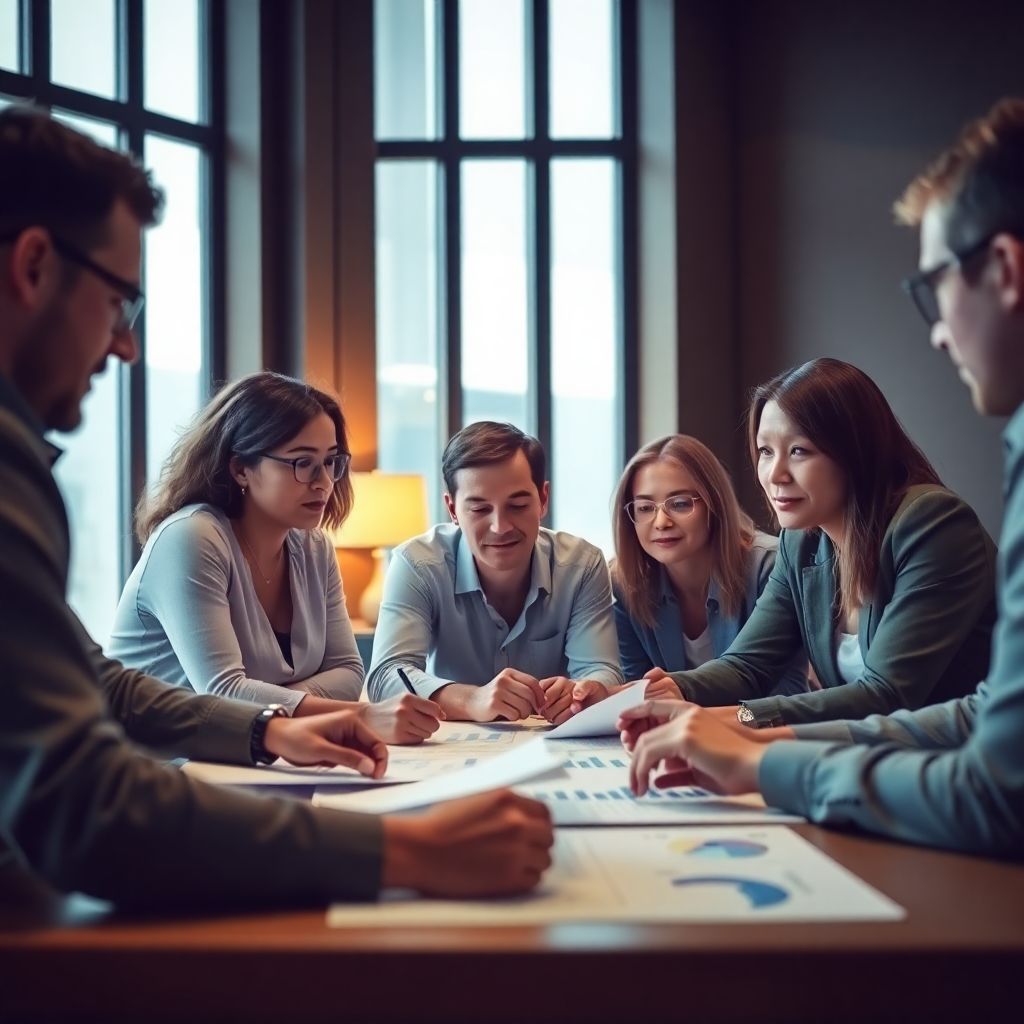 Diverse team of professionals reviewing documents and charts on a table, warm lighting, focused atmosphere
