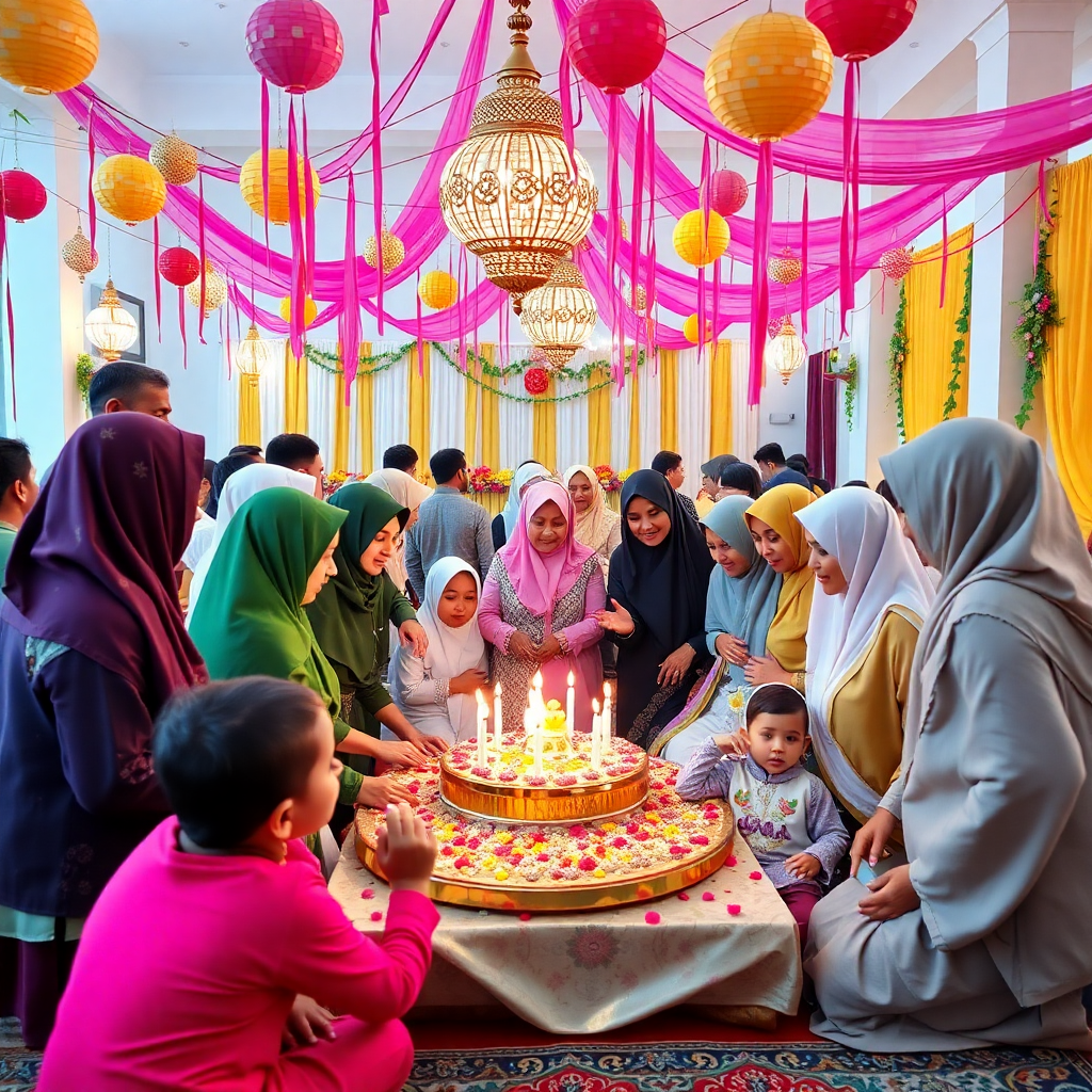 muslim community eid celebration with families and children, colorful decorations, joyful atmosphere