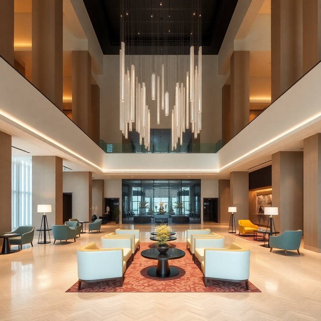 Elegant hotel lobby interior with modern furniture, high ceilings, and artistic lighting. Minimalist style, luxurious feel.