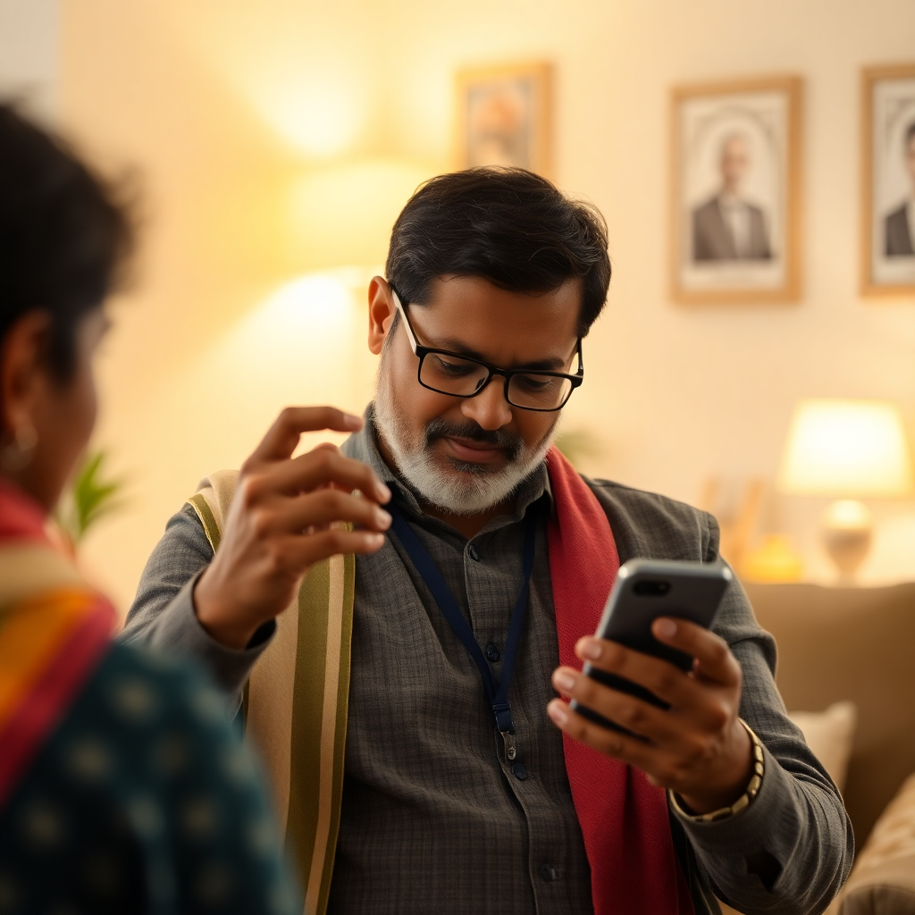 Indian person browsing professionals on mobile phone, realistic photography, warm indoor lighting