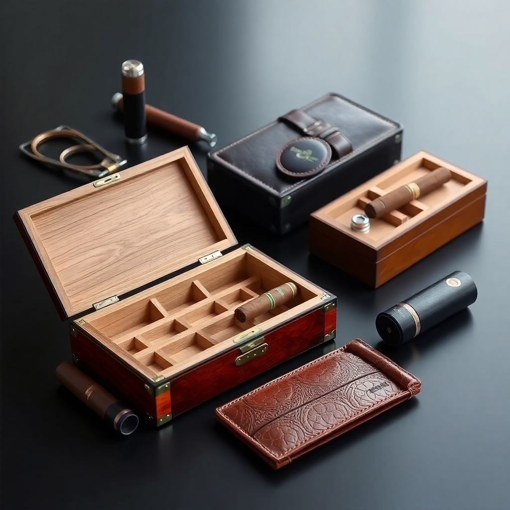 Elegant leather humidor and cigar accessories on a dark surface.
